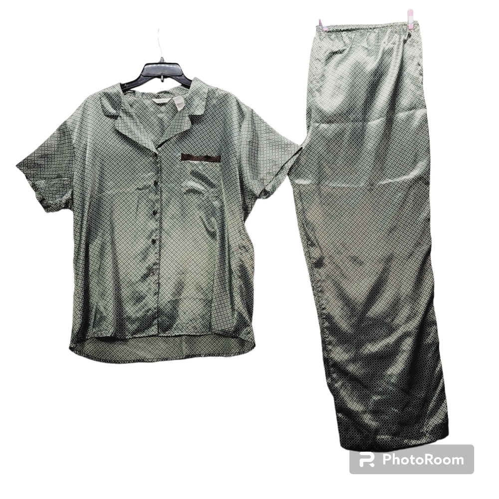 * Adonna XL pajama pant set brown blue diomond pattern Button top elastic waist